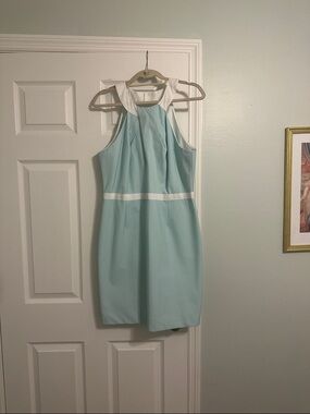 Daniel Cremieux Aqua and White Halter Sheath Mini Dress